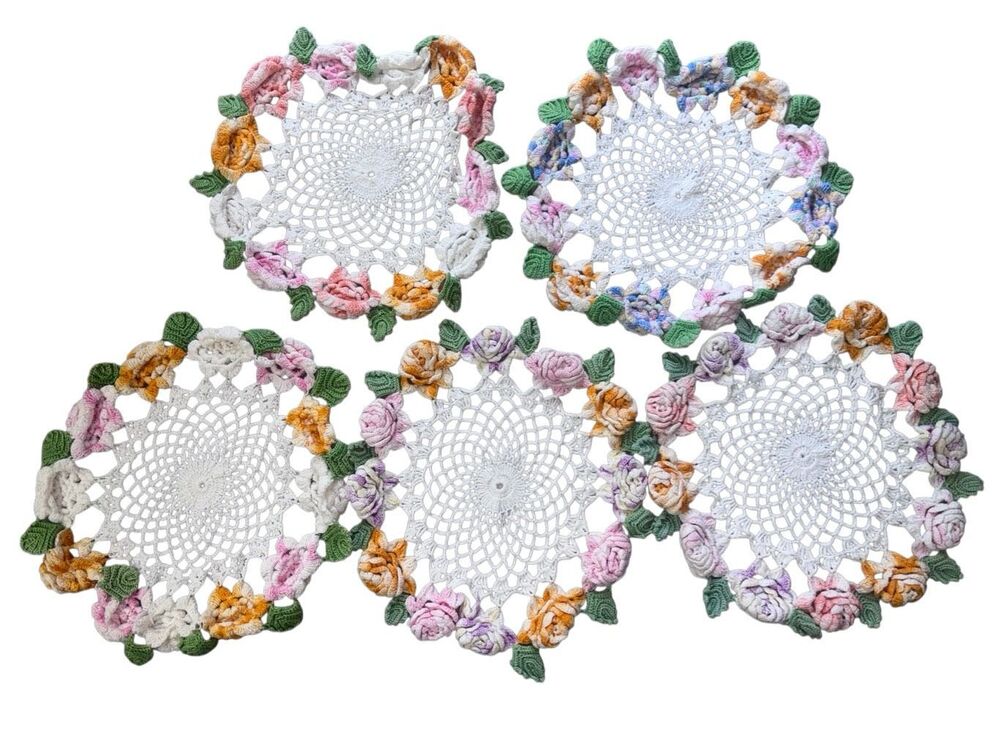 Vintage crochet floral doilies handmade white 3D pastel 5 piece